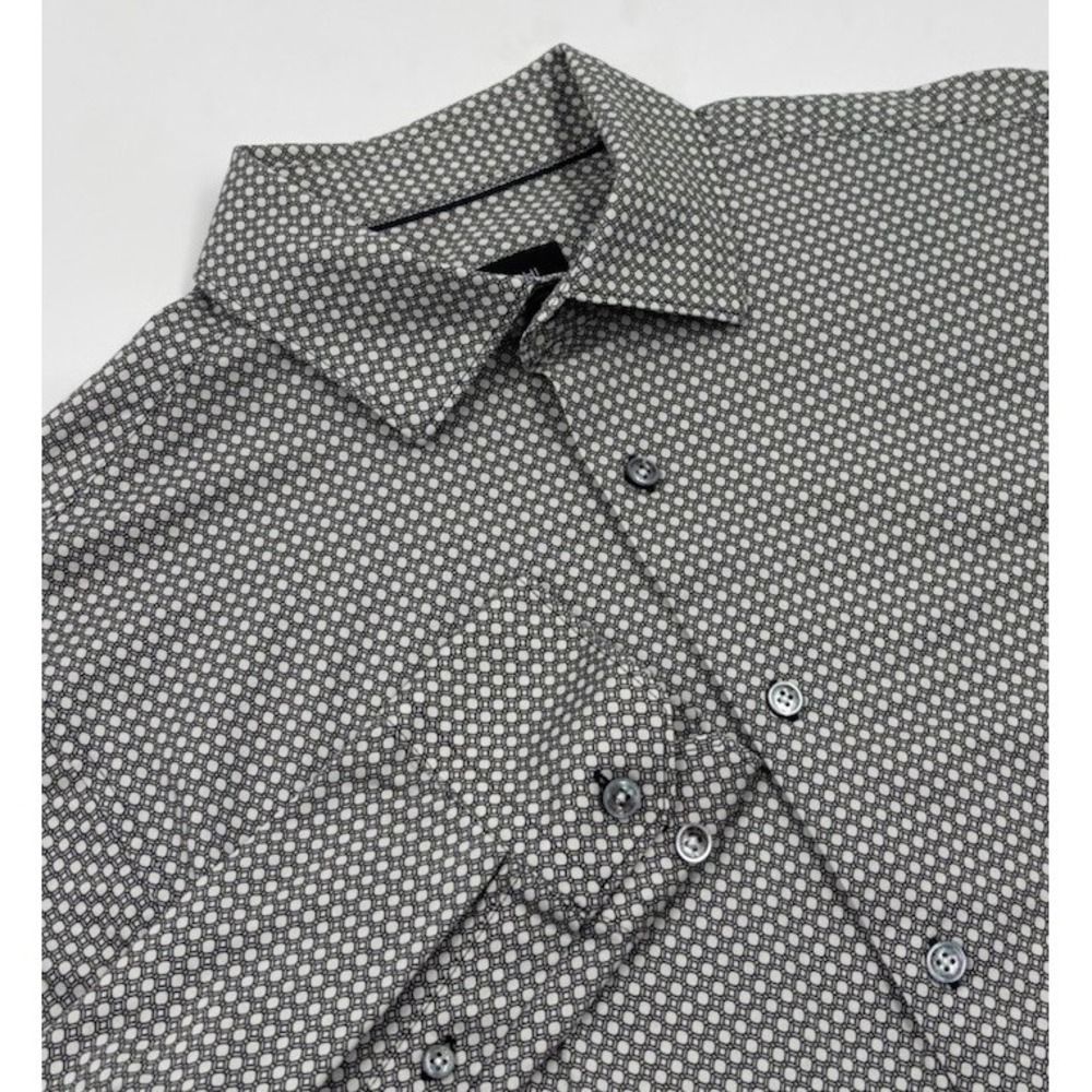 Bugatchi Men's S 8 Way Stretch White Geometric Cotton Long Sleeve Dress Shirt